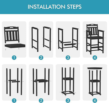 Ciokea Balcony Chairs and Table 3 Pieces Set, Outdoor High Top Bar Set, HDPE Oversized Adirondack Bar Chairs Set of 2 and Round Table for Outside Dining Bistro Poolside Backyard, Black