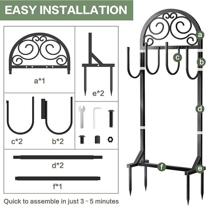 Garden Hose Holder, Upgraded Metal Water Hose Holder with 4 Hooks, Freestanding Heavy Duty Hose Hanger Stand Holds 150 FT Hoses, Detachable Hose Storage Rack for Outside Yard Lawn Farm (Black, Clouds)