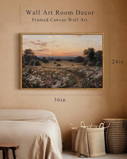 InSimSea Framed Canvas Prints Vintage Decor, Sunset Flower Field Landscape Paintings Wall Art, Large Countryside Farmhouse Hanging Wall Decor for Living Room Bedroom, 24x36inch