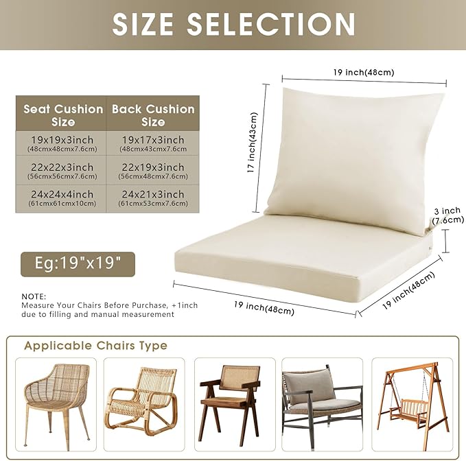 Outdoor Seat Cushion Set 22 x 22 In, Water-Resistant & Fade-Resistan, Patio Furniture Cushions with Removable Cover Deep Seat & Back Cushion with Handle and Adjustable Straps for Chair Sofa,1PC