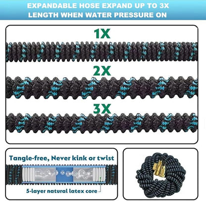 100 ft Expandable Garden Hose - Kink Free Flexible Water Hose 100ft with 10 Pattern Spray Nozzle, 3/4 Solid Brass Connectors, Retractable Latex Core - Lightweight Expanding Hose
