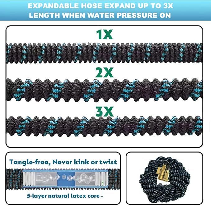 75 ft Expandable Garden Hose - Kink Free Flexible Water Hose 75ft with 10 Pattern Spray Nozzle, 3/4 Solid Brass Connectors, Retractable Latex Core - Lightweight Expanding Hose