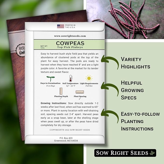 Sow Right Seeds - Top Pick Pinkeye Cowpea Seeds for Planting - Non-GMO Heirloom Packet with Instructions to Plant a Vegetable Garden - Market Favorite Bush Bean Variety - Interesting Pink Pods (1)
