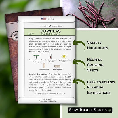 Sow Right Seeds - Top Pick Pinkeye Cowpea Seeds for Planting - Non-GMO Heirloom Packet with Instructions to Plant a Vegetable Garden - Market Favorite Bush Bean Variety - Interesting Pink Pods (1)