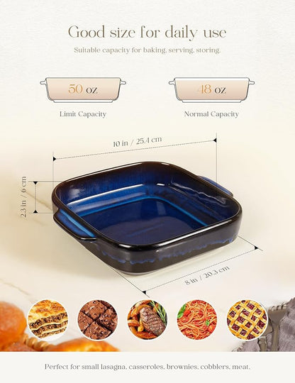 8x8 Baking Pan Ceramic Square Baking Dish with Handle for Brownie 48oz Blue | Deep for Brownie, Lasagna, Roasting and Great for Kitchen Decor