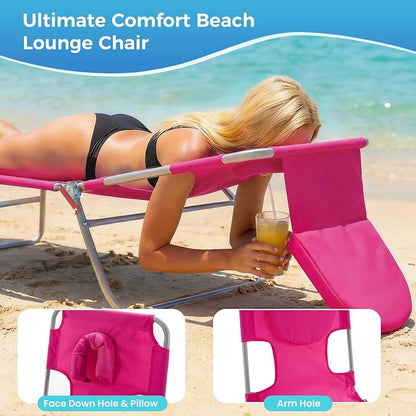 DUMOS Lounge Chair Outdoor, Beach Tanning Chair with Face Hole, Pink | 5-Position Adjustable Sunbathing Tanning Chair, Foldable Portable Chaise Lounge by Pool Patio Lawn Camping Reading, Arm Hole