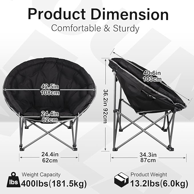 Oversized XXL Folding Round Camping Chair,Super Comfy Padded Moon Camp Chairs,Heavy Duty Supports 400 Lbs Outdoor Lawn Chairs for Adults,Perfect for Indoor,Family Camping,Picnics and Garden,Black