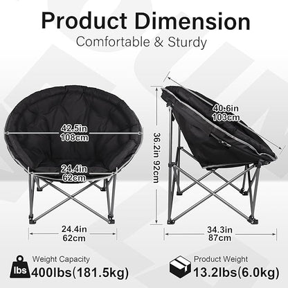Oversized XXL Folding Round Camping Chair,Super Comfy Padded Moon Camp Chairs,Heavy Duty Supports 400 Lbs Outdoor Lawn Chairs for Adults,Perfect for Indoor,Family Camping,Picnics and Garden,Black