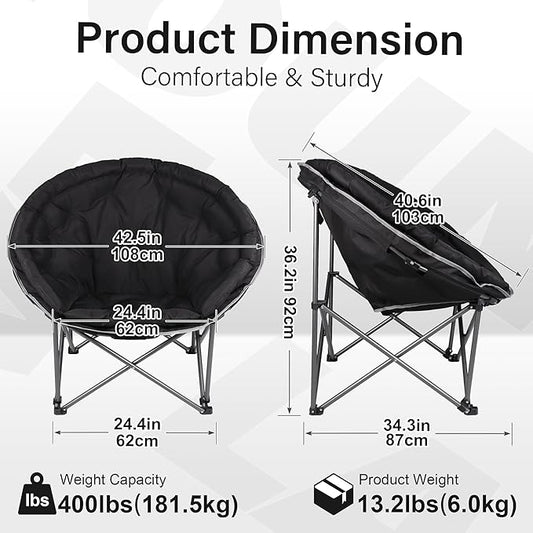 Oversized XXL Folding Round Camping Chair,Super Comfy Padded Moon Camp Chairs,Heavy Duty Supports 400 Lbs Outdoor Lawn Chairs for Adults,Perfect for Indoor,Family Camping,Picnics and Garden,Black