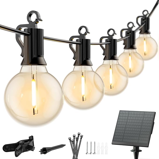 Minetom Outdoor Solar String Lights - 58 Ft Patio Lights with 25 G40 Plastic LED Bulbs, Commercial Waterproof Hanging Globe Light for Backyard Party Bistro Decor