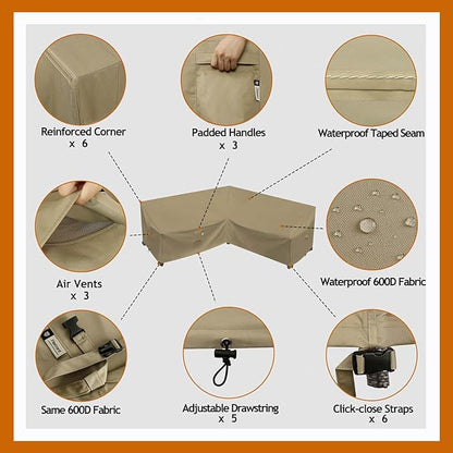 Heavy Duty Outdoor Sectional Sofa Cover - 100"X100" Waterproof 600D Patio Couch Cover for V-Shaped Lawn Patio Furniture