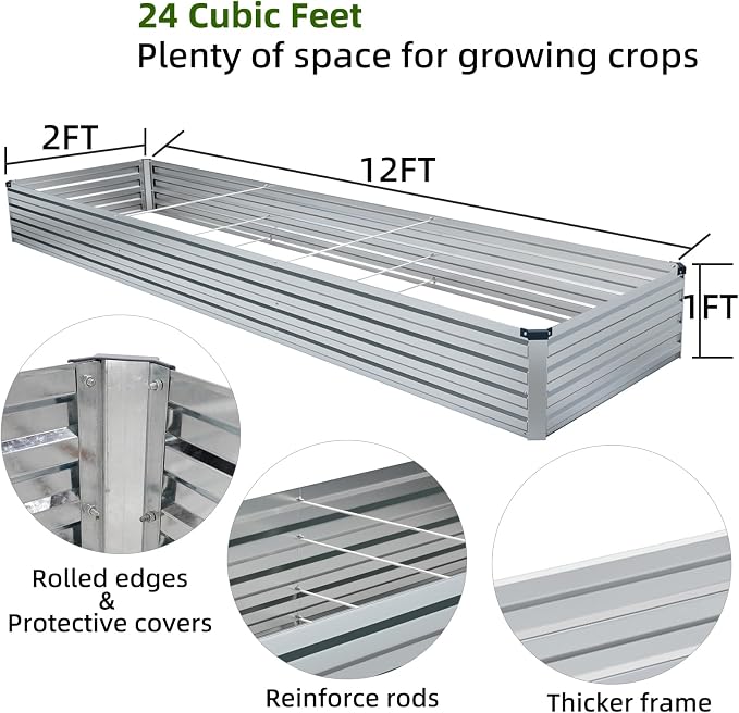 Meberam 2 Pack 12x2x1FT Galvanized Raised Garden Beds Kit Outdoor Metal Gardening Planter Box for Vegetable Elevated Flower Herbs,Silver