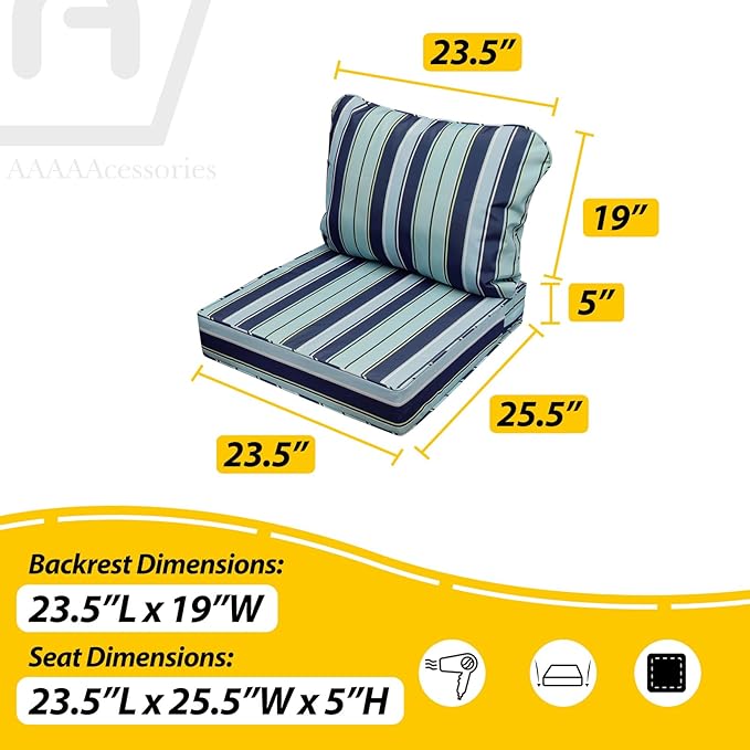 AAAAAcessories Outdoor Seat Cushions for Chairs, Fade-Resistant, Waterproof Patio Furniture Replacement Cushions, 23.5" x 25.5" x 5" + 23.5" x 19", Ash Teal Seaside Stripe