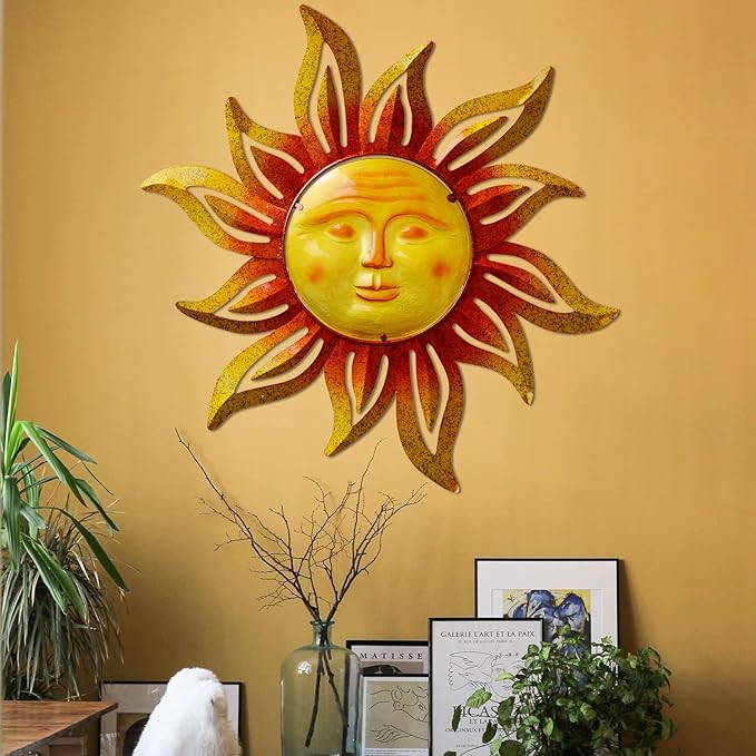 Large Size 32Inch Metal Sun Outdoor Valentine Wall Art Decor Large, Hanging for r Patio Garden Fence Yard Pool Wall Sculpture Decoration for Living Room
