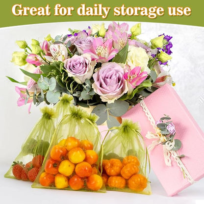 Sukh 50PCS Fruit Protection Bags - 6"x8" Fruit Cover for Fruit Tree Garden Netting Bag to Protection Mesh Drawstring Organza Bags Green Bags for Fruits, Vegetables Reusable Gift Bag for Jewelry, Candy