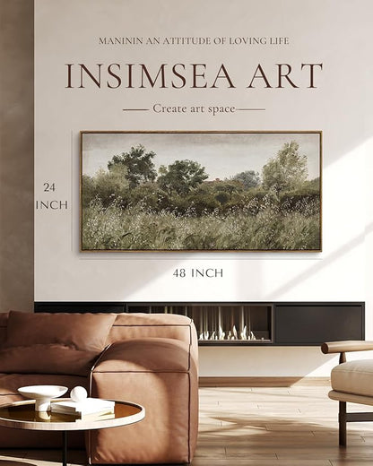 InSimSea Extra Large Framed Vintage Wall Art, Living Room Country Farmhouse Decor, Grassland Landscape Paintings, Canvas Prints, Retro Scenery Long Picture for Bedroom Above of Bed,24x48inch