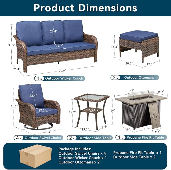 10 Pieces Patio Furniture Set with 42.5" Fire Pit Table-All Weather Wicker Outdoor Furniture with High Back Swivel Patio Chairs Set of 2 Outdoor Couch for Deck Balcony Backyard Brown/Blue