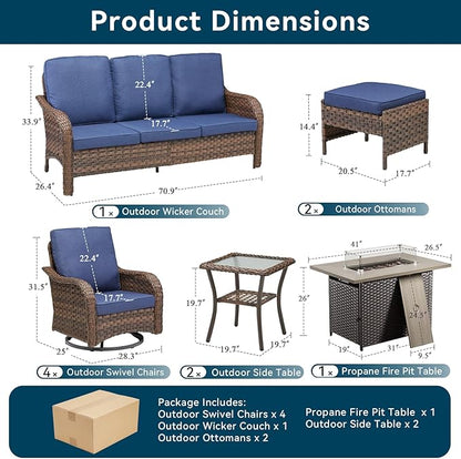 10 Pieces Patio Furniture Set with 42.5" Fire Pit Table-All Weather Wicker Outdoor Furniture with High Back Swivel Patio Chairs Set of 2 Outdoor Couch for Deck Balcony Backyard Brown/Blue