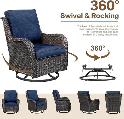 3 Pieces Patio Furniture Conversation Set PE Rattan Wicker Outdoor Swivel Glider Rocker Chairs of 2, Soft Thick Washable Cushion Side Coffee Table for Yard Backyard Poolside (Brown/Navy Blue)
