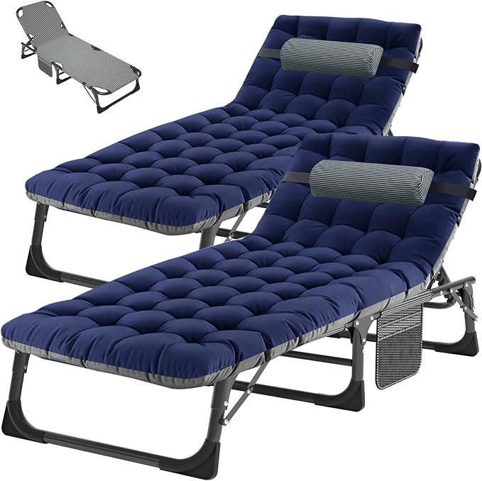 ABORON Tanning Chairs, 2 Pack, 5-Position Padded Folding Loungers | Set of 2 folding chaise lounges with 5-position backs, padded mats and pillows; supports up to 500 lb per chair.