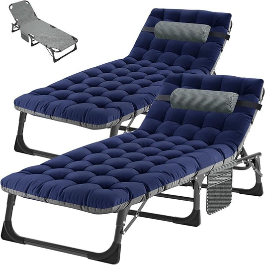 ABORON Tanning Chairs, 2 Pack, 5-Position Padded Folding Loungers | Set of 2 folding chaise lounges with 5-position backs, padded mats and pillows; supports up to 500 lb per chair.