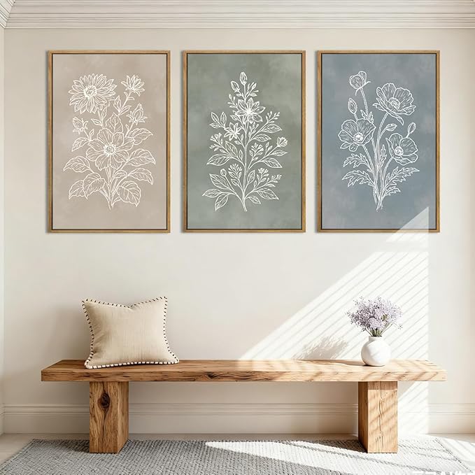 Anyzal Extra Large Boho Botanical Framed Wall Art 24x36 Inch Farmhouse Floral Painting Modern Minimalist Artwork for Living Room Bedroom Dining Room Set of 3