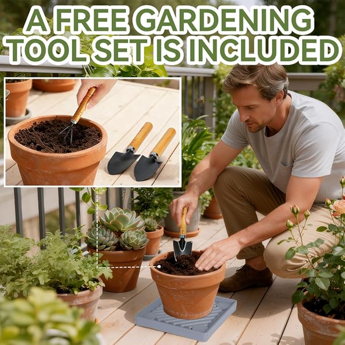 2 Pack-Square Plant Caddy with Hidden Wheels 10 Inch Heavy Duty Rolling Plant Stands Indoor Outdoor Plant Saucer Tray Dolly with $9.9 Garden Tools (Gray)