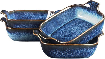 Ceramics Au Gratin baking Dishes Set of 4, Baking Tray Bake ware, 10.5 oz Ramekins, for Pie Pan, Appetizer, Tart, Dessert, Quiche, Oven Small dish, individual dishes, Square 7.3 Inch