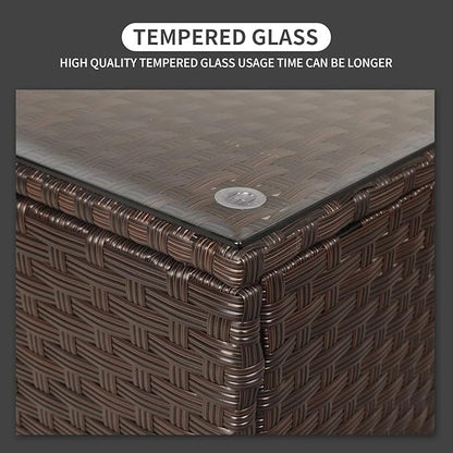Rattaner Patio Furniture Wicker Coffee Table Outdoor Garden Square Side Table with Tempered Glass Top Brown