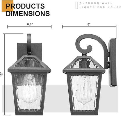 Outdoor Lights Fixtures Wall Mount, Outdoor Wall Lantern with Water Ripple Glass, Waterproof Outside Exterior Wall Sconce Lights Fixture for House, Front Porch, Patio, Matte Black, 2Packs