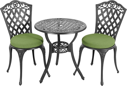 NUU GARDEN 3-Piece Outdoor Bistro Set, Cast Aluminum Patio Table and 2 Chairs with Green Cushions and Umbrella Hole, Weather-Resistant Furniture Set for Garden, Balcony, Porch, Black