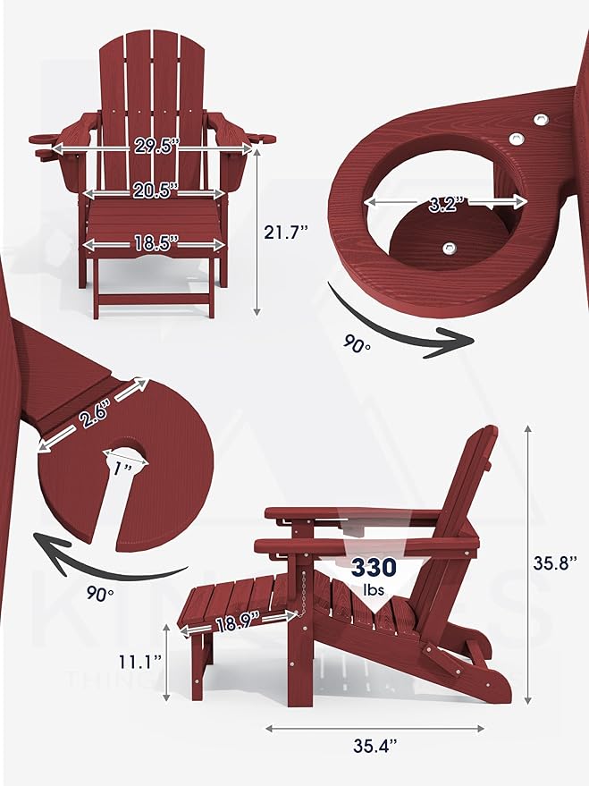 KINGYES Folding Adjustable Adirondack Chair with Ottoman & 2 Cup Holders, HDEP Multifunctional Adirondack Chair with Footrest, Red