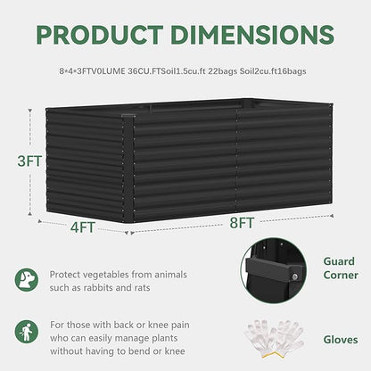 FOOWIN 2pcs 8x4x3ft Galvanized Raised Garden Bed, Planter Raised Garden Boxes Outdoor, Large Metal Raised Beds for Gardening, Garden Bed for Vegetables, Flowers, Herb, Black