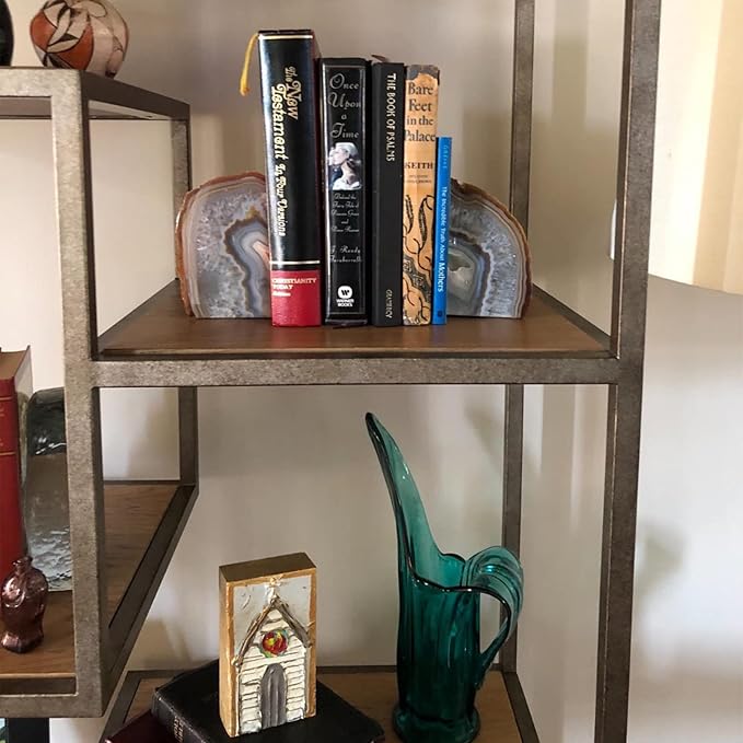 JIC Gem Natural Agate Book Ends Decorative geode bookends for Heavy Books with Rubber Bumpers Crystal Bookends for Shelves and Office Decoration 1 Pair(6 to 8 Lbs)