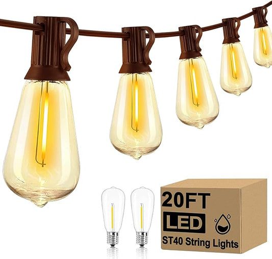 ST40 20Ft LED Outdoor String Lights with 22 Edison Shatterproof Bulbs, C9/E17 Screw Base, Waterproof Commercial Grade Patio Lights UL Listed for Outside Backyard Garden Bistro Porch Decor-Brown