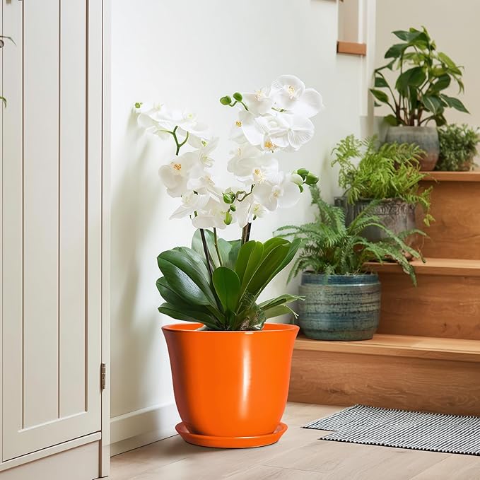 10 Inch Plant Pot - Ceramic Pots for Plants with Drainage Hole and Saucer, Round Planters for Indoor Outdoor Plants, Modern Decorative Planters, Room Home Decor, Gardening Gifts, Orange