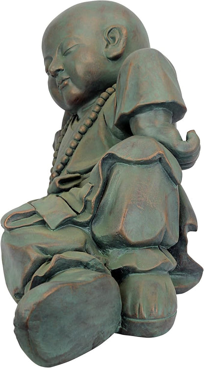 Design Toscano Resting Serene Baby Monk Asian Boy Garden Statue, 24 inches Wide, 12 inches Tall, Cast Stone Resin, Green Bronze Finish