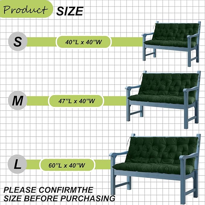 Replacement Cushion for Swings, Waterproof Porch Swing Cushion, 2-3 Seat Replacement Swing Seat Cushion with Backrest and Ties for Patio Backyard Porch Garden(Dark Green 40 * 60 in)