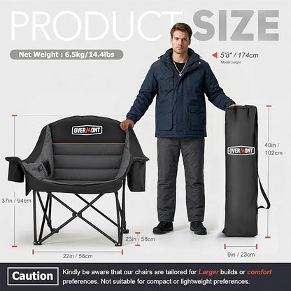 Overmont Gentle Heated Oversized Camping Chair for Adults - 3 Levels Seat & Back Separately Control - 500lbs Support Heavy Duty Padded Folding Chair Outdoor Garden Portable - Battery NOT Included