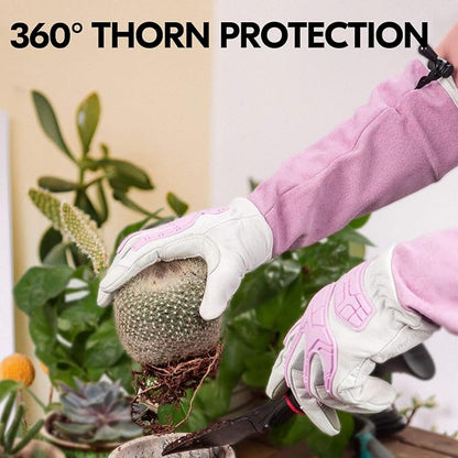 Vgo... 1-Pair Premium Geniune Goat Leather Extra-long Cuff Thornproof, Anti-abrasion, Anti-Impact Gardening Gloves (Size L, White, GA9659)