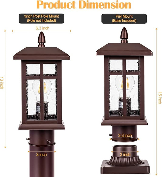 Bronze Post Light 2 Packs, Hardwired Anti-Rust Exterior Light Fixture Brown, Waterproof Outside Lamp Post with Pier Mount, Exterior Pole Lantern for Garden Yard Patio Path
