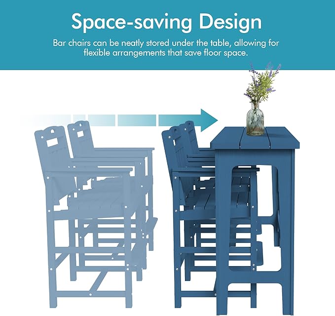 Ciokea Heavy-Duty Outdoor Bar Set, Rectangle High Top Table and 2 Oversized Adirondack Chairs Set, HDPE Modern Patio Bar Set for Outside Bistro Backyard Balcony Deck Outside, Navy Blue