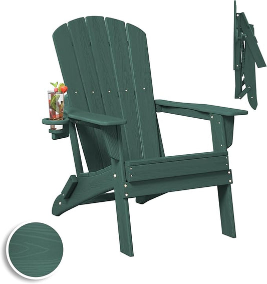 Plawdlik Folding Adirondack Chair, SGS Tested, Wooden Textured with Cup Holder, Heavy All-Weather HDPE Comfortable Set Poolside Backyard Lawn Green
