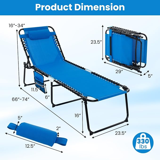 GYMAX Lounge Chairs for Outside, Extra High Folding Beach Tanning Lounger with Adjustable Backrest, Footrest & Removable Pillow, Sunbathing Lounge for Patio, Poolside (2, Navy with Pocket)