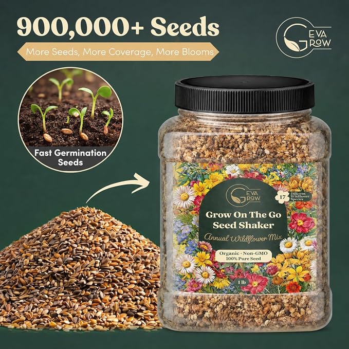Wildflower Seed Shaker – Annual Mix by GevaGrow | 17 Variety Flower Seeds for Planting in Pots & Outdoor Gardens, Bulk 300,000+ Seeds - 1 Pound Tub