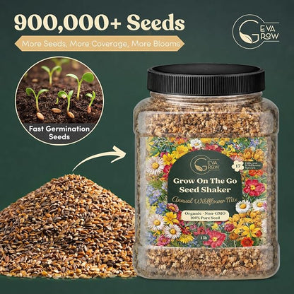 Wildflower Seed Shaker – Annual Mix by GevaGrow | 17 Variety Flower Seeds for Planting in Pots & Outdoor Gardens, Bulk 300,000+ Seeds - 1 Pound Tub