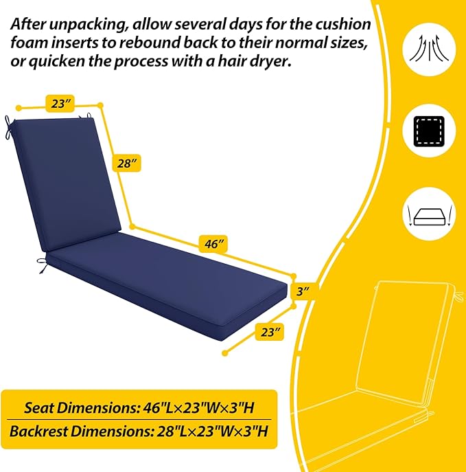 AAAAAcessories Outdoor Chaise Lounge Cushions, Waterproof, Fade-Resistant Patio Furniture Replacement Cushions, 74" x 23" x 3", Midnight Blue
