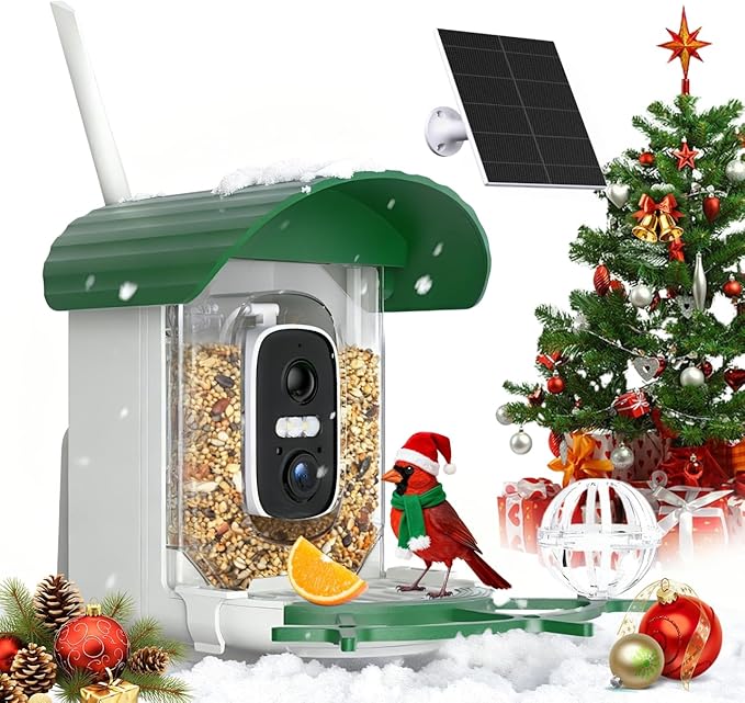 Bird Feeder with Camera 3W Solar Powered Panel: 2.4Ghz WiFi Hummingbird Feeders for Outdoors with AI Identify Auto Capture, 2K Live View, Instant Arrival Alerts, Gift for Bird Lovers (Green)