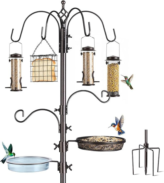 Bird Feeding Station Kit, 94 Inch, 6-Hook, Metal Birds Feeder Stand Pole with Bird Bath and Mesh Tray, Freestanding 5-Prong Base
