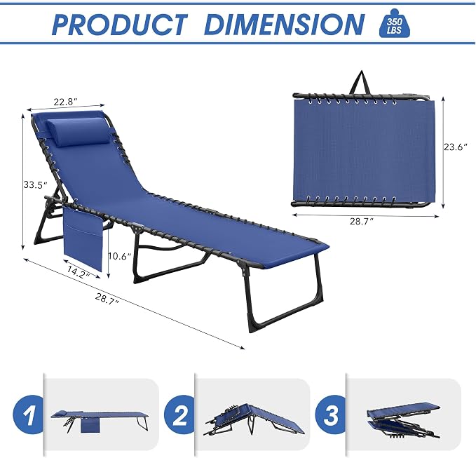 Flamaker Foldable Chaise Lounge Chair 5-Position Adjustable, Tanning Chair with Side Pocket, Outdoor Sunbathing for Pool, Beach, Patio, Lawn, Indoor Recliner Chair for Napping(Blue, 1 Pcs)